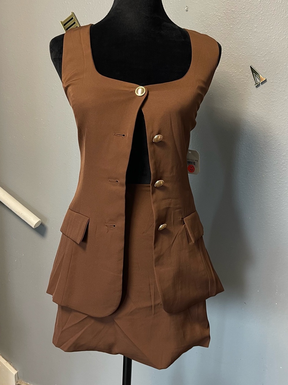 Altar'd State Brown One Piece Vest Dress with Gold Buttons